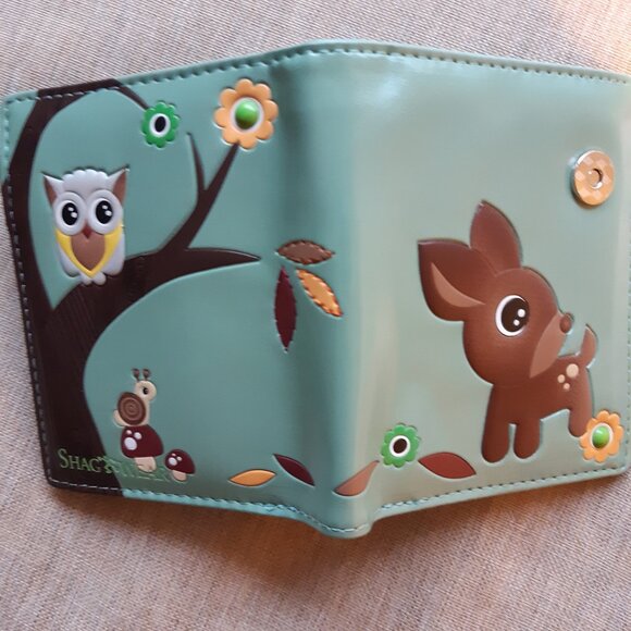 *NWT Shagwear Green Woodland Forest Deer Owl Slim Bifold Wallet Vegan Leather - Picture 7 of 7